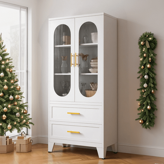 Accreate 73"H Metal Storage Cabinet with Double Glass Doors & Drawers, Adjustable Shelves, White Tall Pantry Organizer for Kitchen, Dining Room, Office, or Bedroom