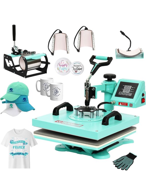 8 in 1 Heat Press Machine 15''x15'', 1400 W Small T Shirt Press Machine, 360 Degree Swing Away Digital Sublimation Dual Tube Heat Press for Mugs, Hats, Plates, Bags, Blue