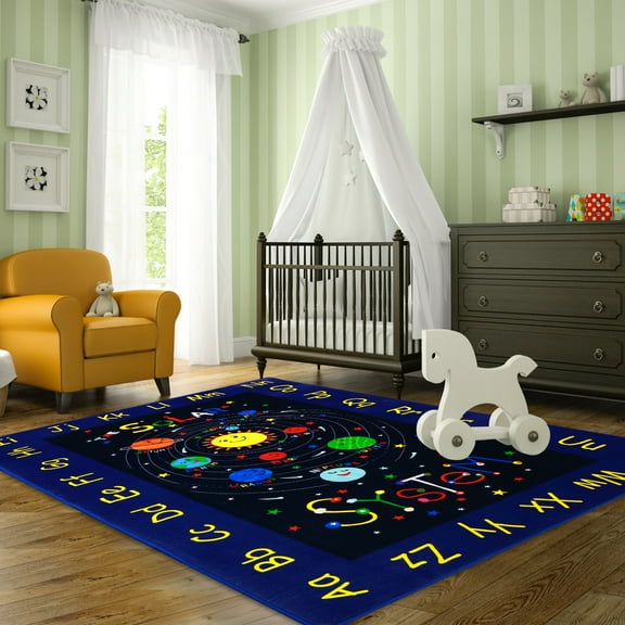 Accreate 8*10ft Kids Playroom Rug Outer Space Area Rug Educational Galaxy Planets Carpet Non Slip Play Mat Soft Non-Shedding Rug for Toddlers Baby Crawling Kids Rug for Bedroom
