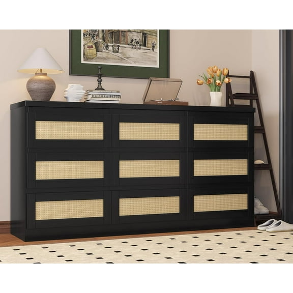 Accreate 9 Drawer Rattan Dresser with USB Charging Station, Farmhouse Wooden Storage Chest for Bedroom & Entryway