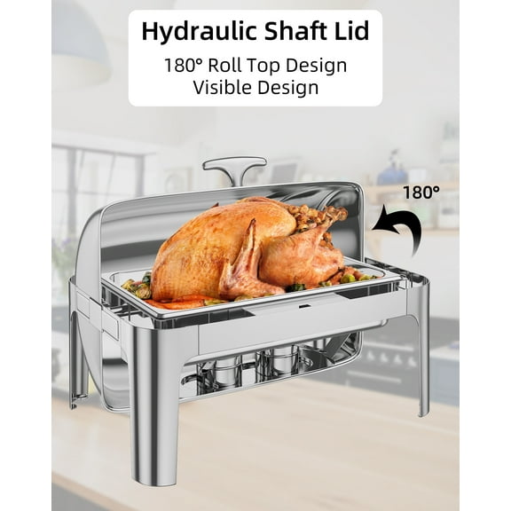 Accreate 9QT Stainless Steel Chafing Dish Buffet Set with Hydraulic Roll Top Lid, Hot & Cold Serving, Complete Catering Kit for Weddings, Banquets, Parties