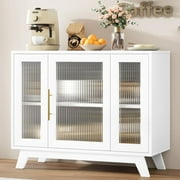 Accreate Accent Storage Cabinet, 36 Sideboard Buffet Cabinet with Fluted Glass Door and Adjustable Shelf, White Coffee Bar Cabinet, White