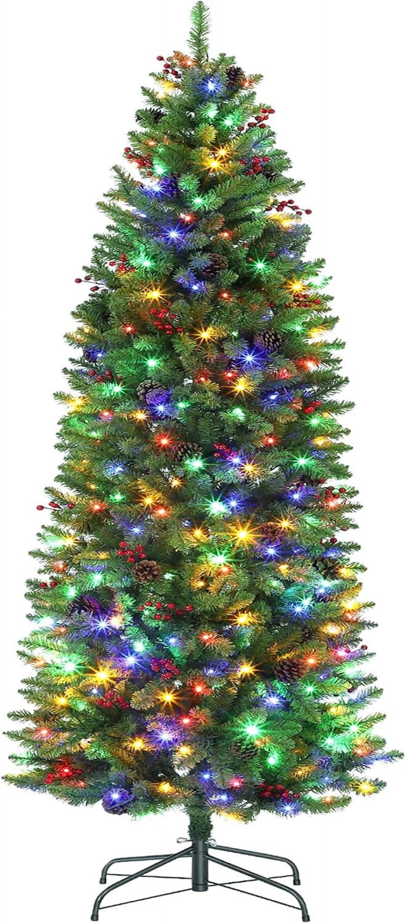 6FT Green Pencil Christmas Tree with Multicolor LED Lights and Pine Cones