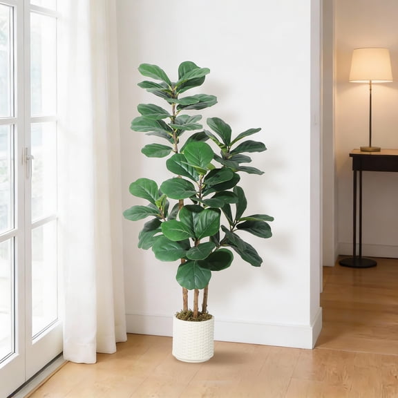 Accreate Artificial Fiddle Leaf Fig Tree Indoor Plant, Potted Fake Tree with Natural Wood Trunk & Bendable Leaves, Realistic Faux Ficus Lyrata for Home Office Decor in Modern White Planter