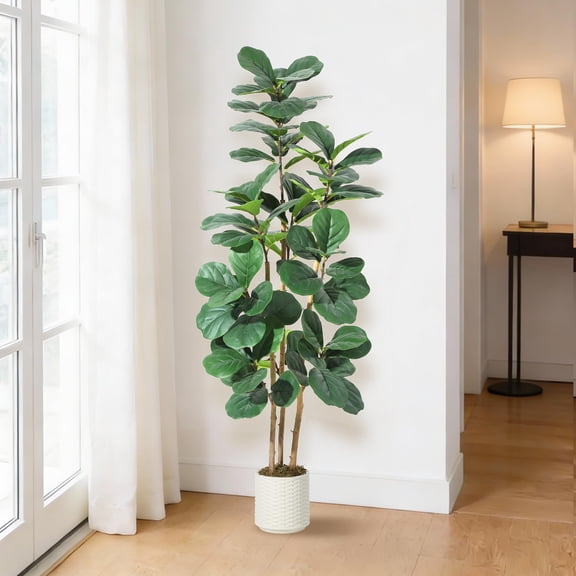 Accreate Artificial Fiddle Leaf Fig Tree Indoor Plant, Potted Fake Tree with Natural Wood Trunk & Bendable Leaves, Realistic Faux Ficus Lyrata for Home Office Decor in Modern White Planter