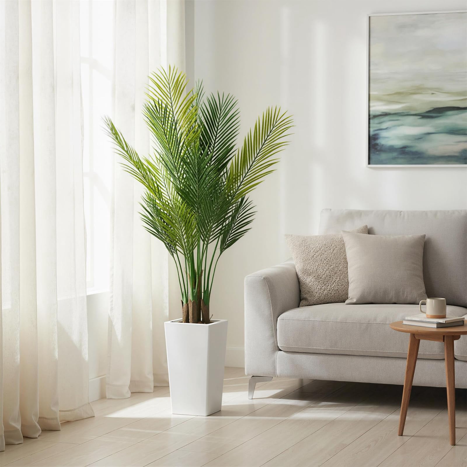 Accreate Artificial Palm Tree, Tall Faux Tropical Areca Plants with White Tall Planter, Fake Potted Tree with Lifelike Leaves for Indoor Living Room Bedroom Home Office Decor