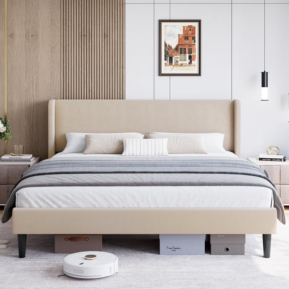 Accreate Bed Frame with Headboard, Upholstered Bed Frame with Wood Slats, Sturdy Support Feet, No Box Spring Needed, Easy Assembly