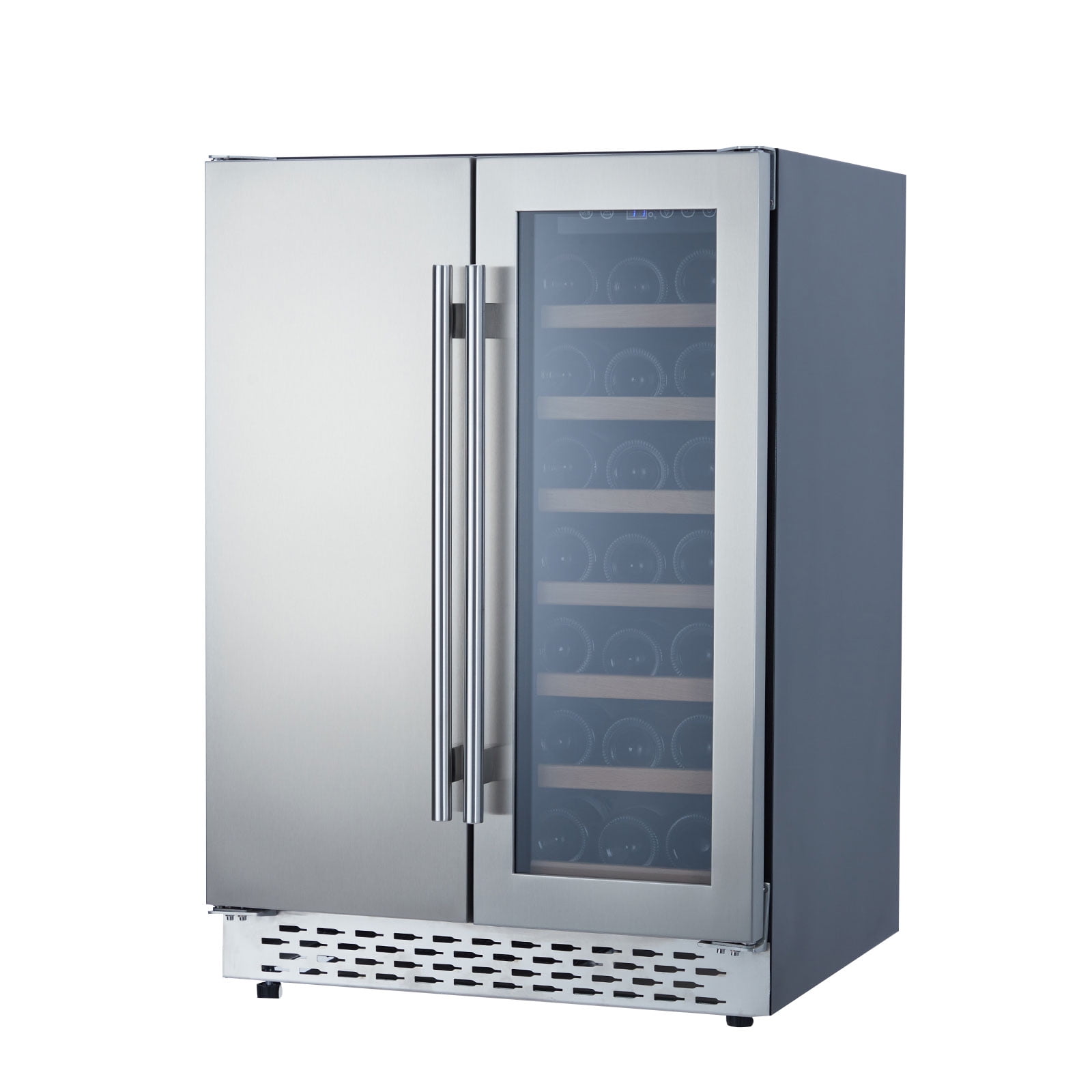 Silver Dual Zone Beverage and Wine Cooler with Adjustable Wooden Shelves