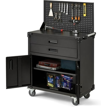 Accreate Black Rolling Tool Cabinet Workbench - Metal Mobile Garage Storage with Adjustable Shelf and Pegboard