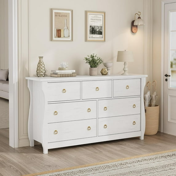Accreate Boho 6-Drawer Dresser – Natural Wood Chest with Sliding Doors, Curved Legs & Rattan Detailing for Bedroom