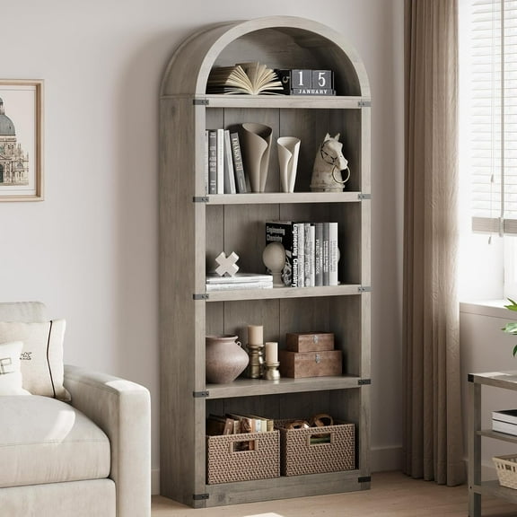 Accreate Bookcase 5 Shelf Arched Bookshelf 71.65in Tall Bookcase Farmhouse Display Storage Rack Wooden Bookshelves for Home office, Living Room