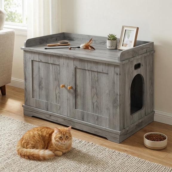 Accreate Cat Litter Box Encloure, Hidden Litter Box Cabinet Furniture, Wooden Cat Washroom Furniture with Cosy Perch, Pet House, Fit Most of Litter Box, Farmhouse Style, for Hallway, Bedroom