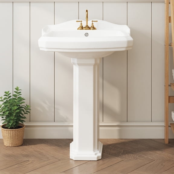 Accreate Classic Ceramic Pedestal Basin for Bathroom, Square Washbasin with 8-Inch Center Set Faucet Holes, Space Saving Pedestal Sink for Small Bathroom Renovation and Vanity Update