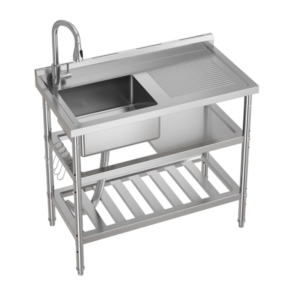 Accreate Commercial Stainless Steel Utility Sink, Freestanding Single Bowl, Features Pull-Down Hot & Cold Water Faucet, Built-In Wash Board, Open Shelf, Suitable for Indoor or Outdoor Use
