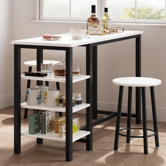 Accreate Compact Bar Table and Chairs Set, 3-Piece Space-Saving Dining Set with Large Storage Shelves, Modern Pub Kitchen Furniture for Small Apartment, Office, Breakfast Nook