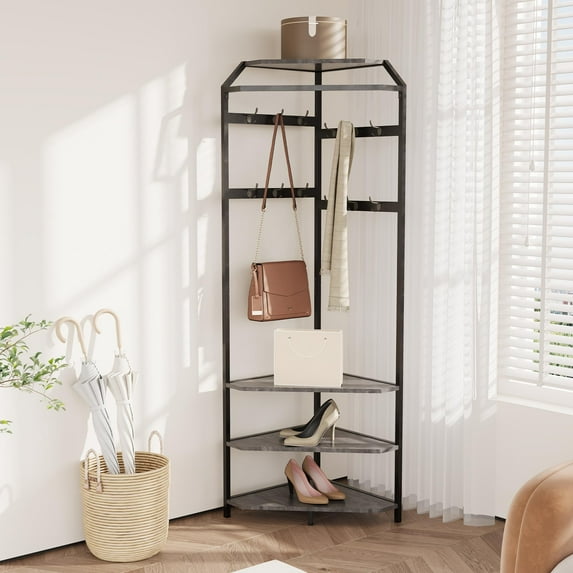 Accreate Corner Coat Rack with Shoe Bench Entryway and 12 Double Hooks, Corner Hall Tree - Corner Clothes Rack with Storage Corner Tree with Organizer Shoe Bench Shelf for Entryway, Hallway, Closet