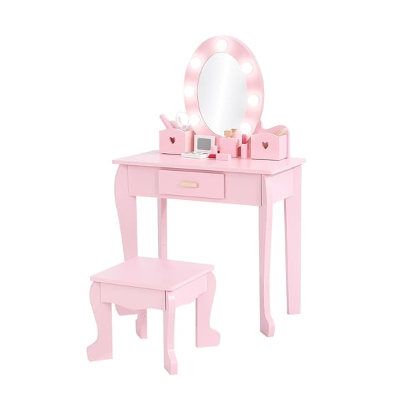 Accreate CuisinSmart Kids Vanity Set with Drawer and Stool, Girls Vanity Set with with Lights and Mirror for Girls, Wood Makeup Playset Birthday for Age 4-9 Years