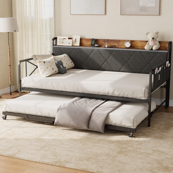 Accreate Daybed with Trundle and LED Light, Twin Size Bed Frame with Upholstered Headboard and Charging Station, Metal Frame Sofa Day Bed or Living Room, Bedroom and Guest Room
