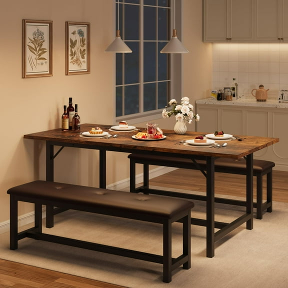 Accreate Dining Table Set for 4-6, 3 Piece Large Extendable Kitchen Table Set for 6, Rectangle Kitchen Table Set with 2 Upholstered Benches for Apartment, Dining Room, Space Save