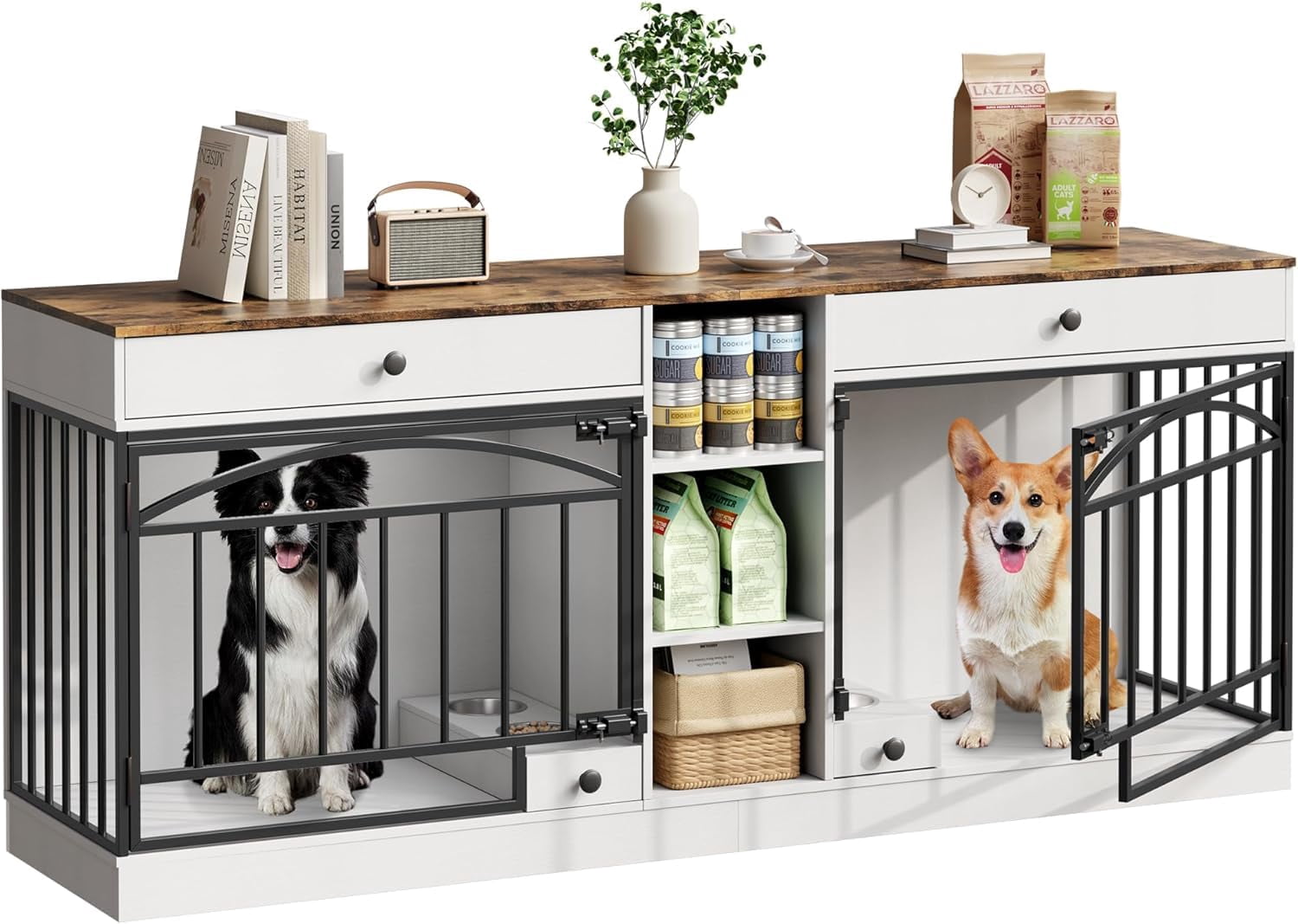 Accreate Dog Crate Furniture for 2 Dog, 78.7'' Large Dog Kennel Indoor with 2 Storage Drawers, 3 Shelves and Feeding Bowls, Double Dog Crate TV Stand for Small and Medium Dogs