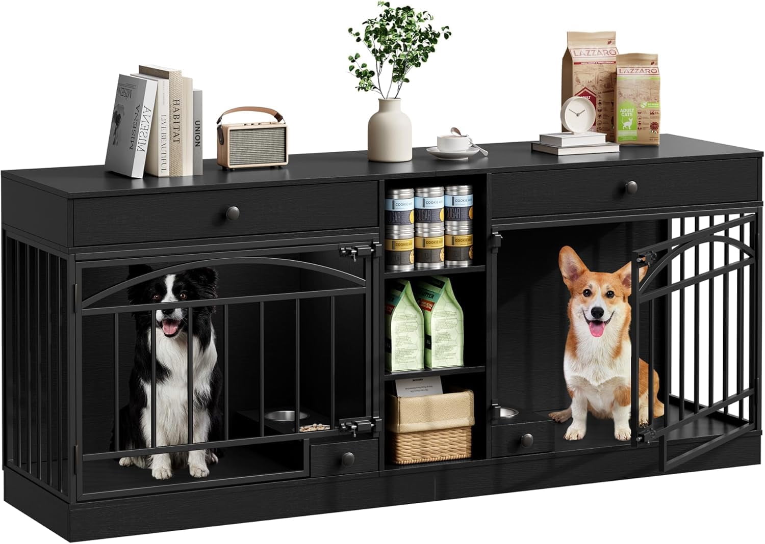 Accreate Dog Crate Furniture for 2 Dog, 78.7'' Large Dog Kennel Indoor with 2 Storage Drawers, 3 Shelves and Feeding Bowls, Double Dog Crate TV Stand for Small and Medium Dogs