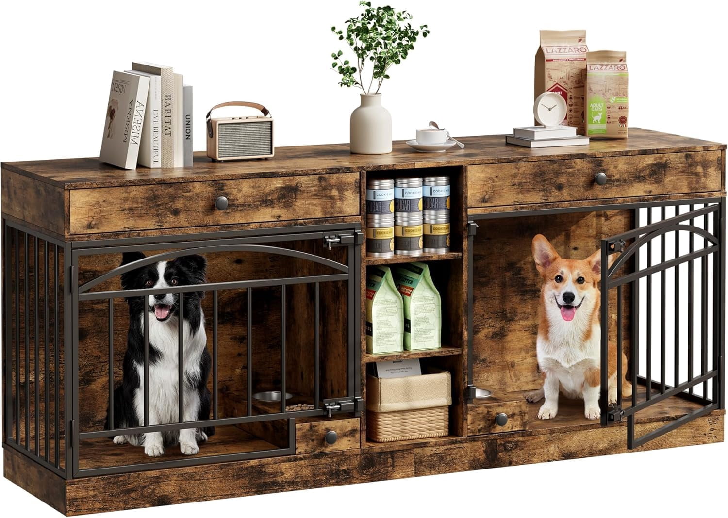 Accreate Dog Crate Furniture for 2 Dog, 78.7'' Large Dog Kennel Indoor with 2 Storage Drawers, 3 Shelves and Feeding Bowls, Double Dog Crate TV Stand for Small and Medium Dogs