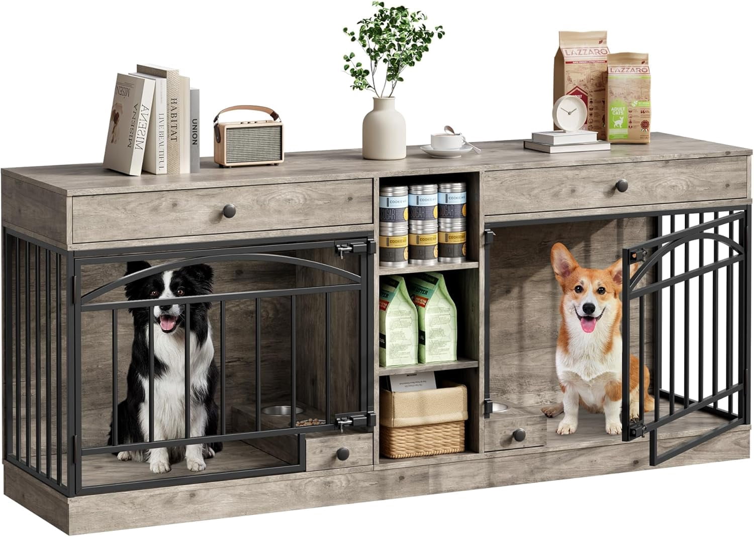 Accreate Dog Crate Furniture for 2 Dog, 78.7'' Large Dog Kennel Indoor with 2 Storage Drawers, 3 Shelves and Feeding Bowls, Double Dog Crate TV Stand for Small and Medium Dogs