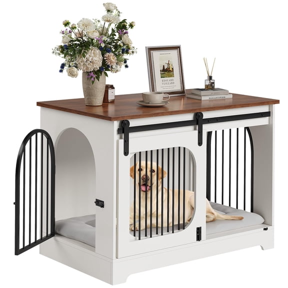 Accreate Dog Crate Furniture 39", Rustic White & Brown Side Table Kennel with 3 Doors and Soft Mat, Supports Medium Dogs Up to 70 lbs