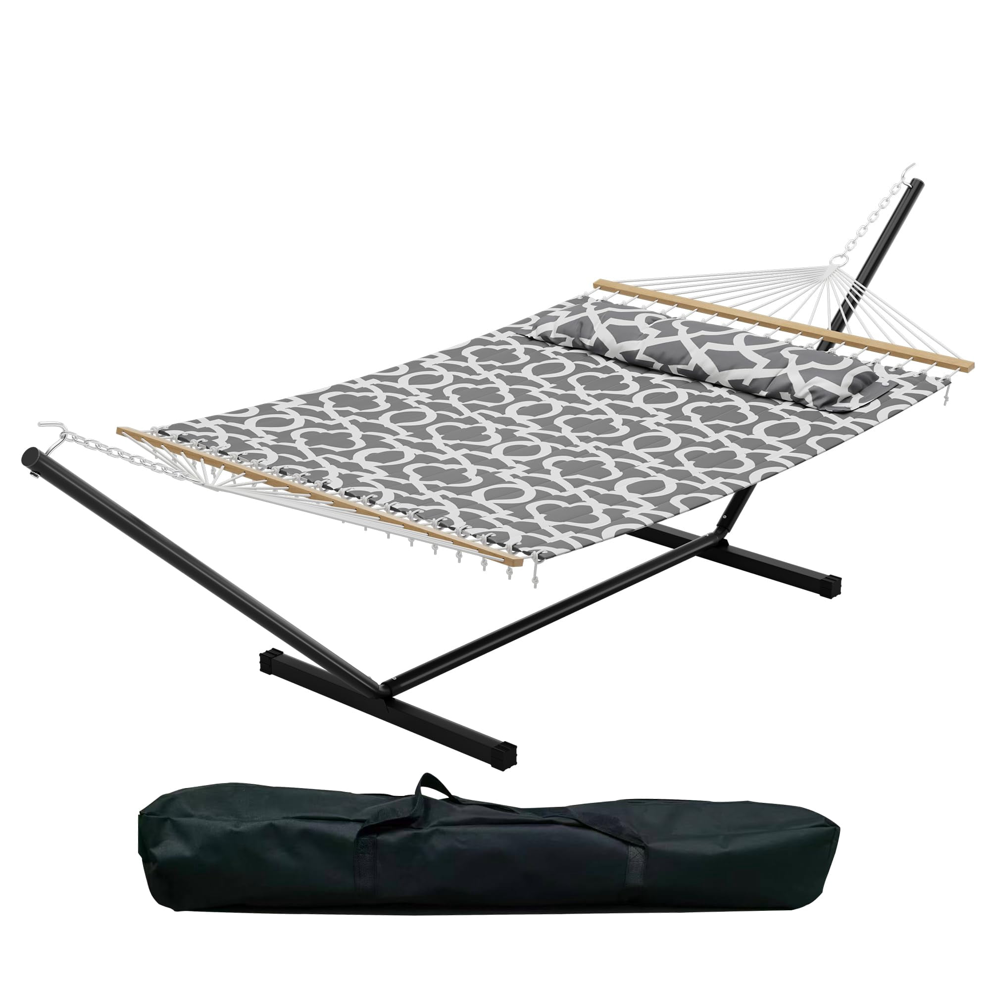 Accreate Double Hammock with Stand for 2 Person, Heavy Duty 475lb Capacity Outdoor Freestanding Hammock Bed with Steel Frame, Quilted Pillow & Carry Bag - Easy Assembly
