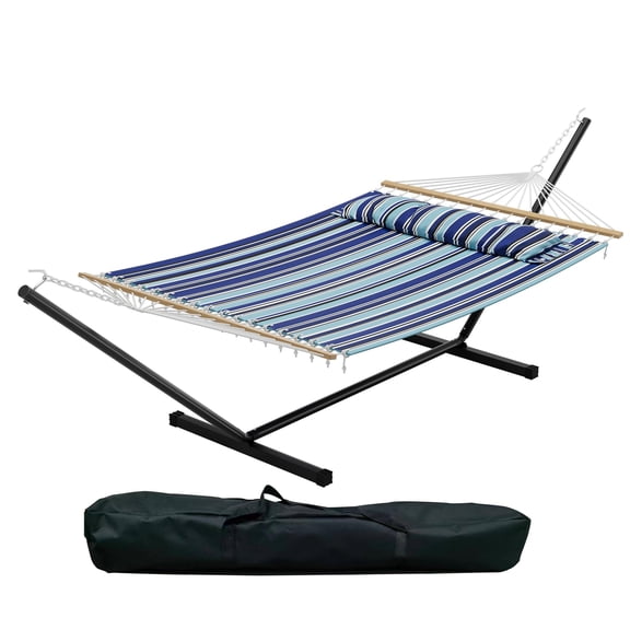 Accreate Double Hammock with Stand for 2 Person, Heavy Duty 475lb Capacity Outdoor Freestanding Hammock Bed with Steel Frame, Quilted Pillow & Carry Bag - Easy Assembly