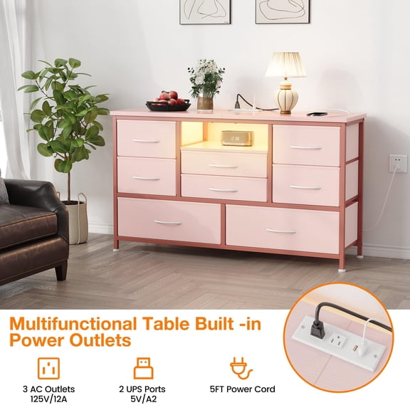Accreate Dresser TV Stand with Power Outlet & LED for 55'' TV, Long Dresser for Bedroom with 8 Deep Drawers, Chests of Drawers, Wide Console Table for, Living Room, Entryway