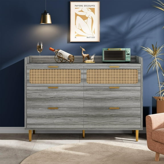 Accreate Dresser TV Stand with Railed Edge, 6 Drawer Double Dresser, Mid Century Modern Gold Closet Dresser with High Legs, Rattan Design, Large Storage Organizer for Bedroom, Living Room
