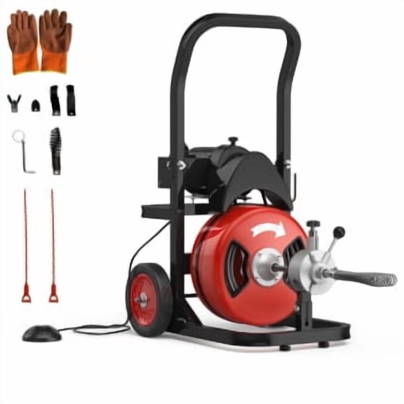 Accreate Electric Drain Cleaner Machine, 100ft x 3/8 Inch Sewer Snake With Auto Feed, 250w Motor, 8 Cutters & Foot Switch, Wheeled Design For Professional Use On 2" To 4" Pipes