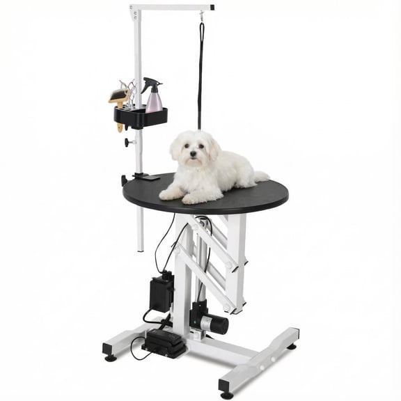 Accreate Electric Hydraulic Lift Dog Grooming Table 24 Inch – Rotating Desktop, Overhead Arm, Foot Remote, Tool Organizer, 250 lbs Capacity – Professional Pet Bathing Accessory