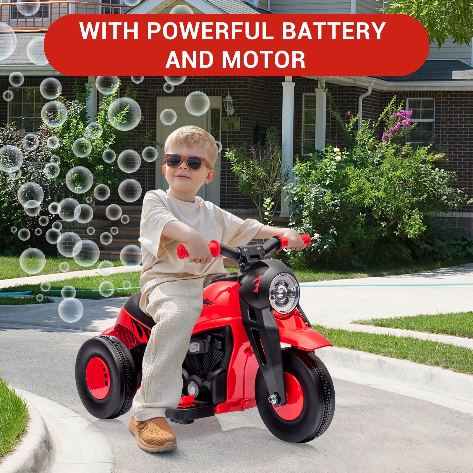 Accreate Electric Kids Motorcycle with Bubble Function, 6V Battery Ride-On Toy, 3 Wheels, LED Headlights, Music, Safety Fuse, Forward/Reverse, for Children 3-8 Years