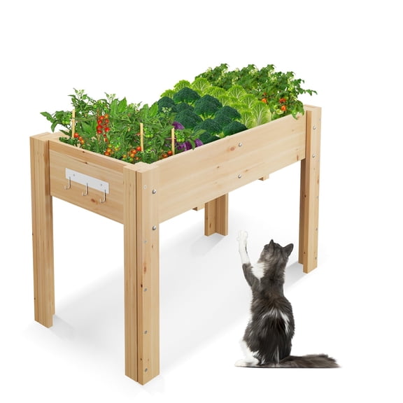 Accreate Elevated Planter Box with Legs and Hooks, Raised Wooden Garden Bed Stand for Outdoor Use, Includes Durable Non-Woven Liner for Vegetables, Herbs, and Flowers, Perfect for Patio and Backyard