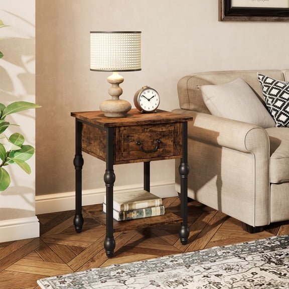 Accreate End Table, Industrial Side Table with Drawer and Storage Shelf, Metal Frame Nightstand with Wooden Top, Space Saving Console Table for Living Room, Bedroom, Office