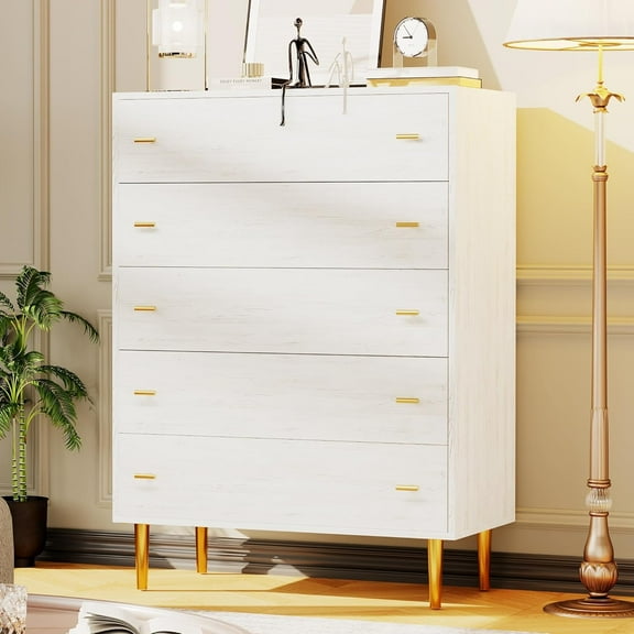 Accreate Farmhouse 5 Drawers Dresser for Bedroom 44 inches Tall White Dresser Wood Rustic Chest of Drawers with Large Drawers and Bar Handles -Drawer Organizer for Living Room/Hallway/Entryway
