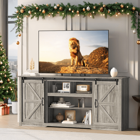 Accreate Farmhouse Entertainment Center for 80" TV, 70 Inch TV Stand Cabinet with Storage, Sliding Barn Doors, Adjustable Shelves, Power Outlets & USB, Rustic Media Console Table for Living Room