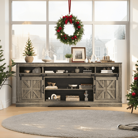 Accreate Farmhouse Sideboard Buffet Cabinet with Storage, 66" TV Stand Media Console for 75 Inch Television, Power & USB Outlets, Adjustable Shelves, Open and Closed Storage for Home & Office