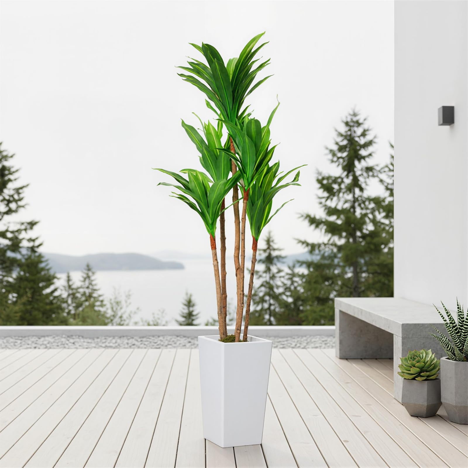 Accreate Faux Banana Tree Artificial Plant, Fake Potted Tropical Evergreen with Tall White Planter for Living Room, Entryway, Porch, or Office