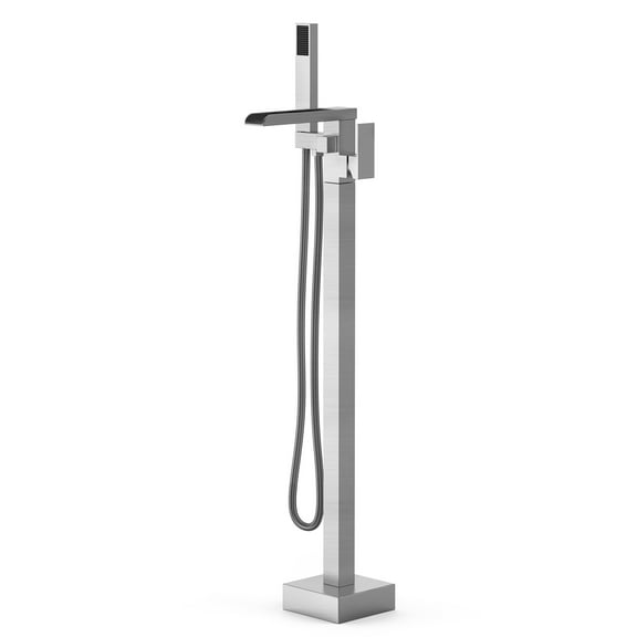 Accreate Floor Bath Faucet Set, Hand-Held Shower Head Anti-Winding Shower Tube Base Tripod Faucet Body, Waterfall Faucet, Square, Brushed Nickel