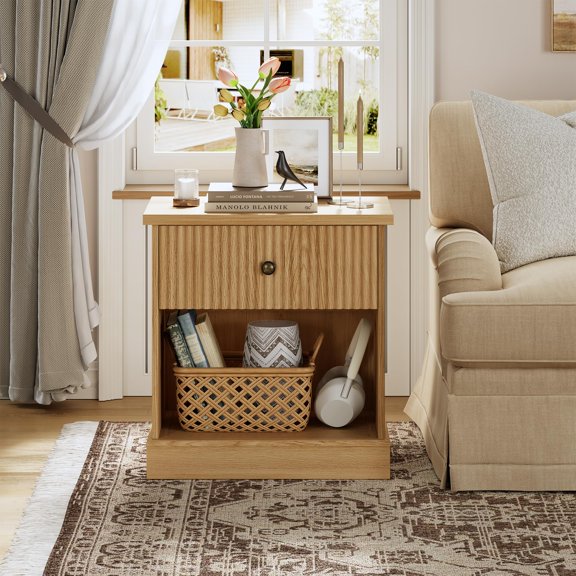 Accreate Fluted Nightstand, Natural Wood Bedside Table with Drawer, Farmhouse End Table and Storage Cabinet for Bedroom or Living Room