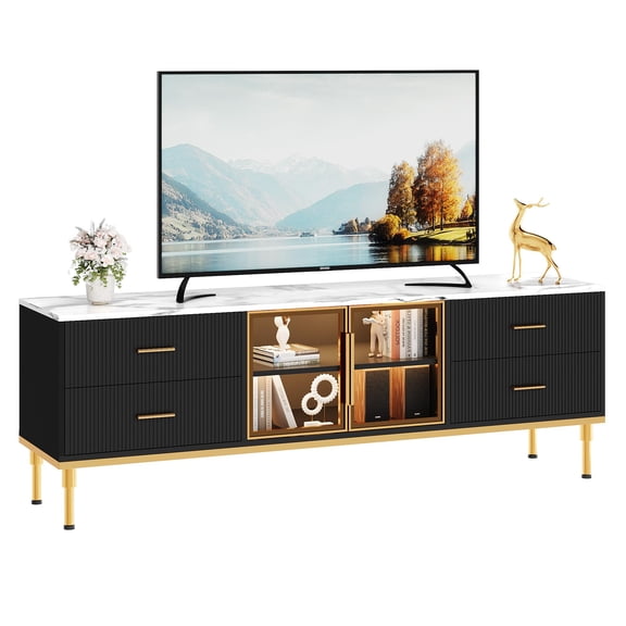 Accreate Fluted TV Stand with Storage Drawers for TVs Up to 75 Inch, Entertainment Center TV Table with LED Lights and Glass Door, Media Console with Faux Marble Top for Living Room, Bedroom