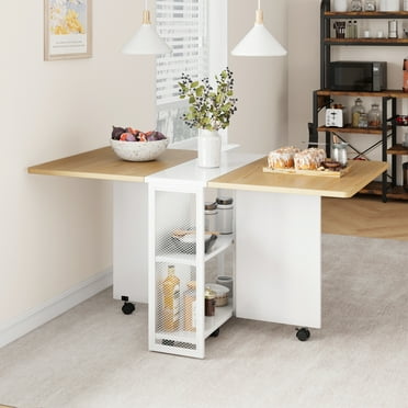 Accreate Folding Drop Leaf Dining Table with 6 Wheels and 2-Layer Storage Shelf – Space-Saving Table for Small Spaces