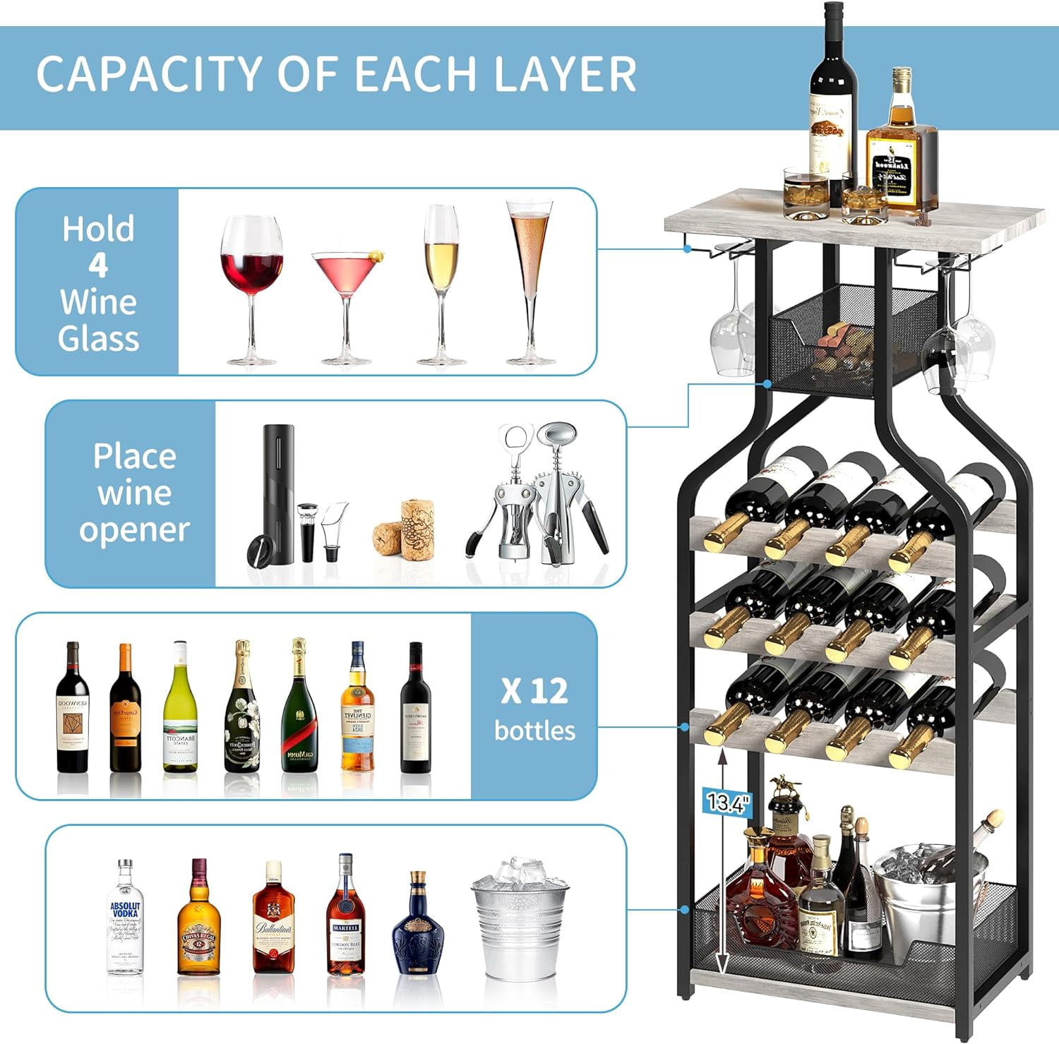 Accreate Freestanding Metal Wine Rack with Glass Holder & Wood Tabletop ...