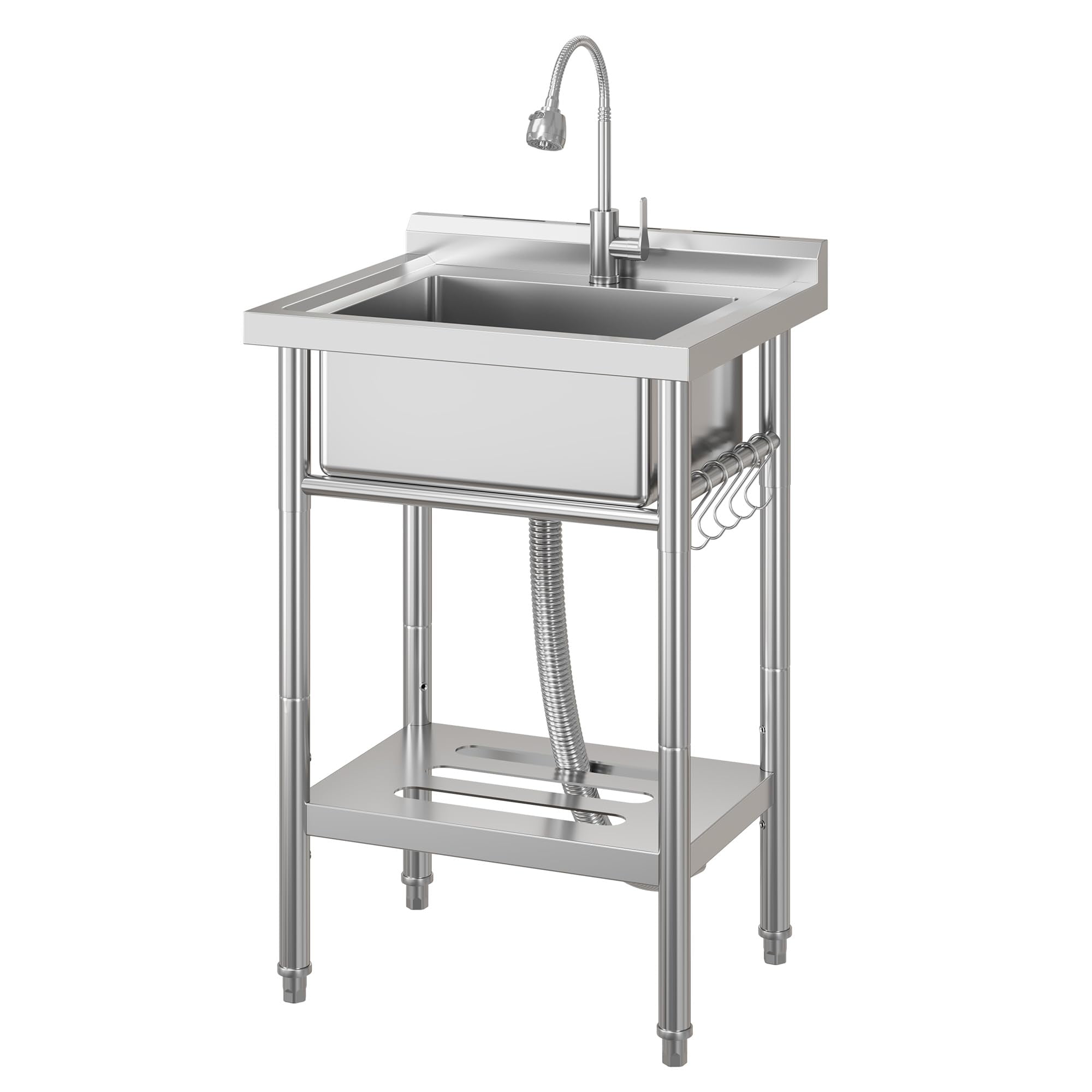 Accreate Freestanding Stainless Steel Utility basin with Faucet – 304 Single Bowl, Adjustable Legs, Storage Shelf, S-Hooks, Hot & Cold Water Pipes – Commercial Prep Kitchen/Laundry/Garage basin