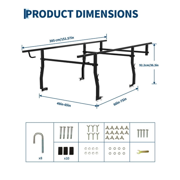 Accreate Full Size Steel Truck Ladder Rack, 1000lbs Universal Over-Cab Ladder Rack for Trucks, 49"-64" Adjustable Non-Drilling Pickup Contractor Trailer Ladder Rack for Pickup Truck Kayak