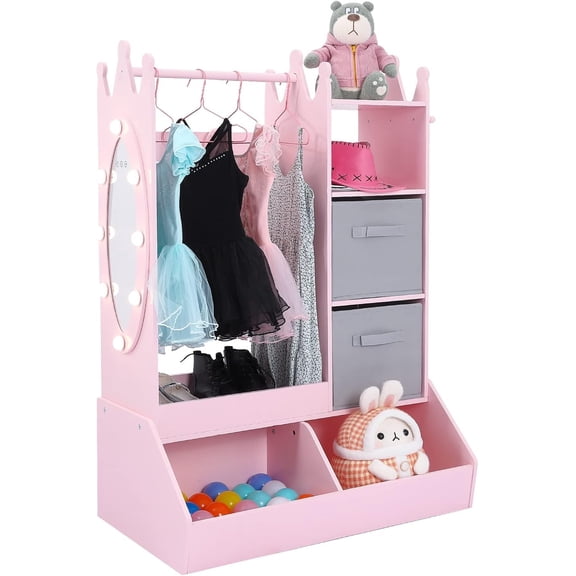 Accreate Girls Wardrobe with Lighted Mirror & Clothing Rack, Kids Toy Storage Organizer Armoire with Open Shelves, Storage Bins & Hooks, White Princess Dress Up Center for Bedroom Playroom Preschool