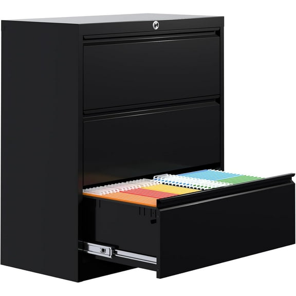 Accreate Heavy Duty 3-Drawer Lateral File Cabinet with Lock - Steel Horizontal Filing Cabinet for Letter/Legal/A4 Files, Black